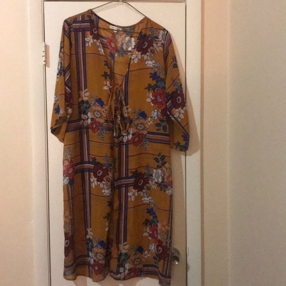 Medium mustard blue white maroon flowered kimono